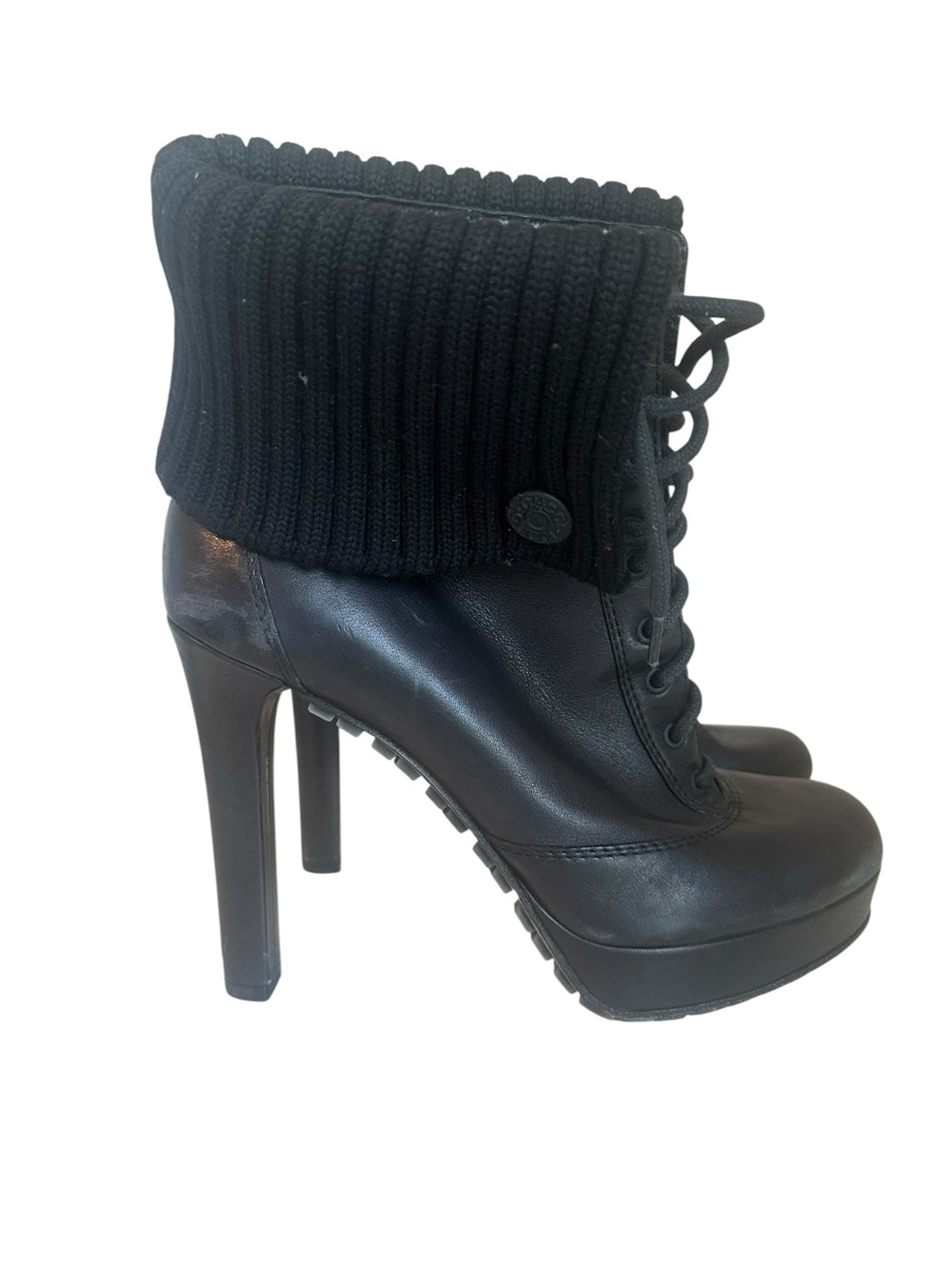 Gucci Black Lace-Up Knit Cuff High Heel Ankle Boots